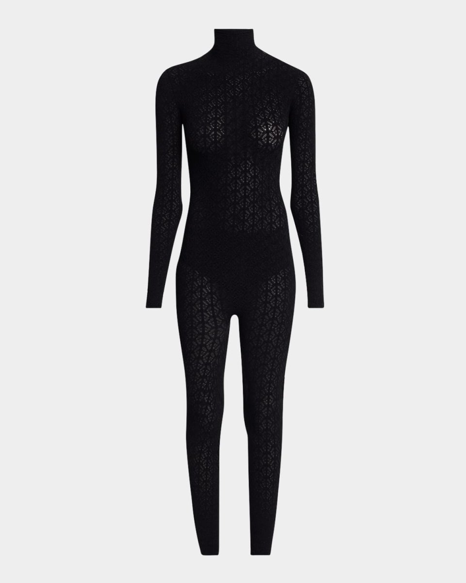 Turtleneck Long-Sleeve Lace Knit Catsuit